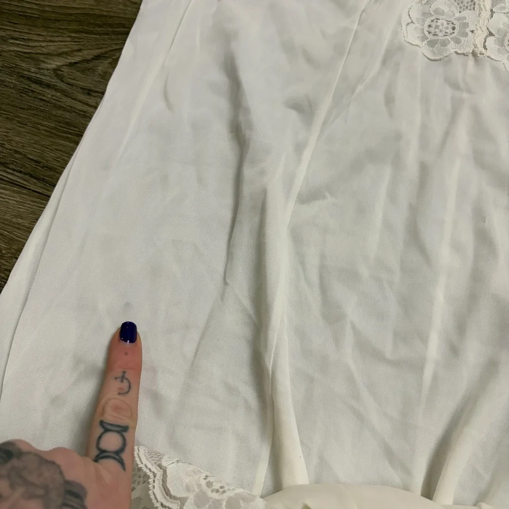 60s/70s European Vintage Silky Floral Lace Trim Midi Slip Dress (Ivory) Size L